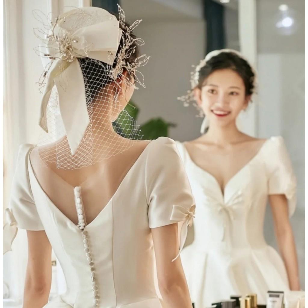 Mũ - nón chụp hình cô dâu thuyền nơ lưới dài đính hạt trai đắp voan Giang SP220564