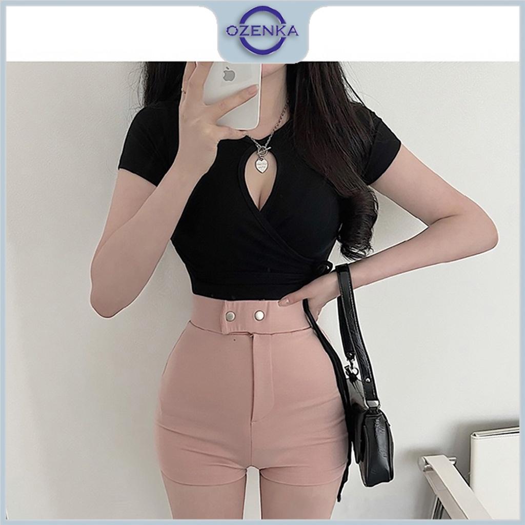 Áo croptop tay ngắn khoét ngực gợi cảm ôm nữ Ozenka , áo crt cổ tròn kiểu basic đen trắng mặc đi chơi size dưới 55 cân