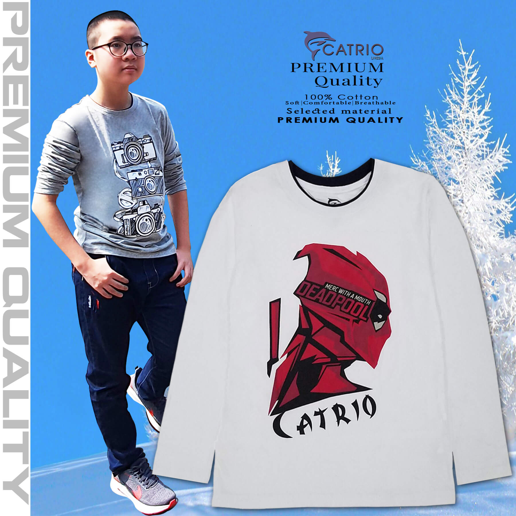 ÁO PHÔNG DÀI TAY BÉ TRAI CATRIO in DEADPOOL, màu TRẮNG là áo thun cotton dài tay trẻ em từ 9 tuổi 30kg 10 tuổi 35kg 12 tuổi 50kg thuộc BST quần áo trẻ em mùa thu đông CATRIO kết hợp với quần dài, quần bò thành bộ đồ bé trai mùa thu đông đẹp