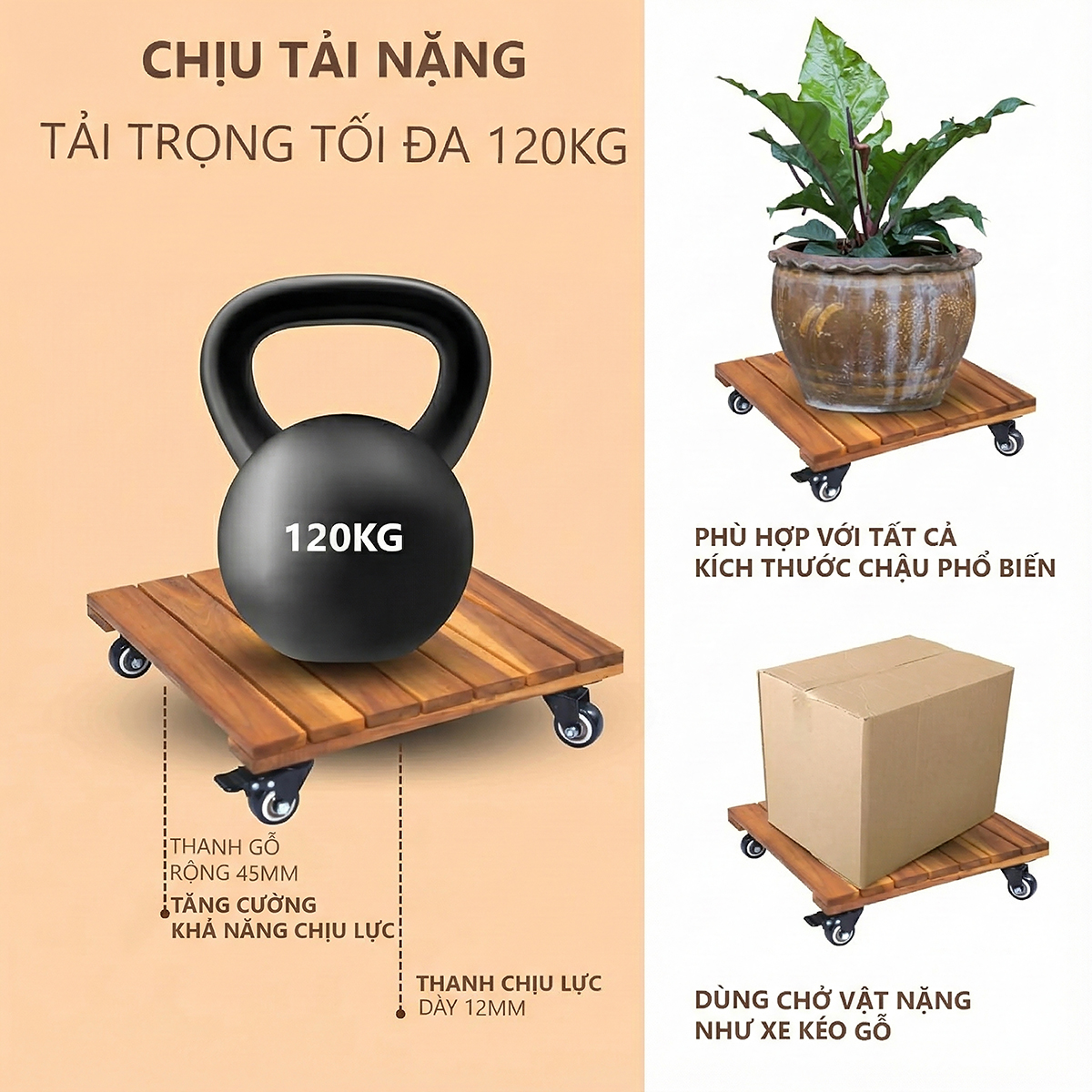 Đế Gỗ Di Chuyển Chậu Cây ANKAN 45x45cm - Bánh Xe 360 Độ Có Khóa, Gỗ Tự Nhiên Chịu Lực Tốt