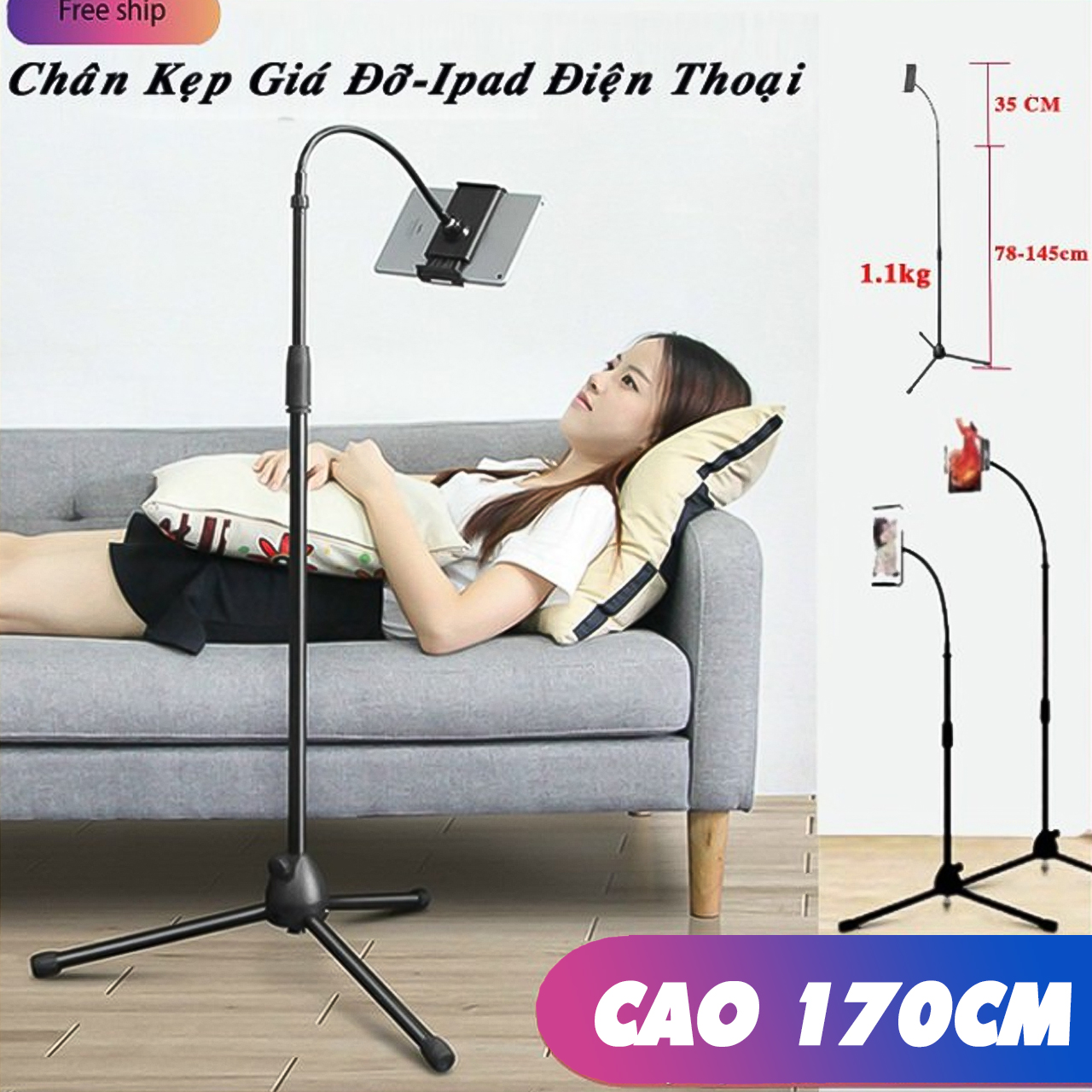 Tripod - giá đỡ điện thoại, máy tính bảng 3 chân live stream quay video tiktok gấp gọn  cao 110-175cm xoay 360 độ - hàng chính hãng