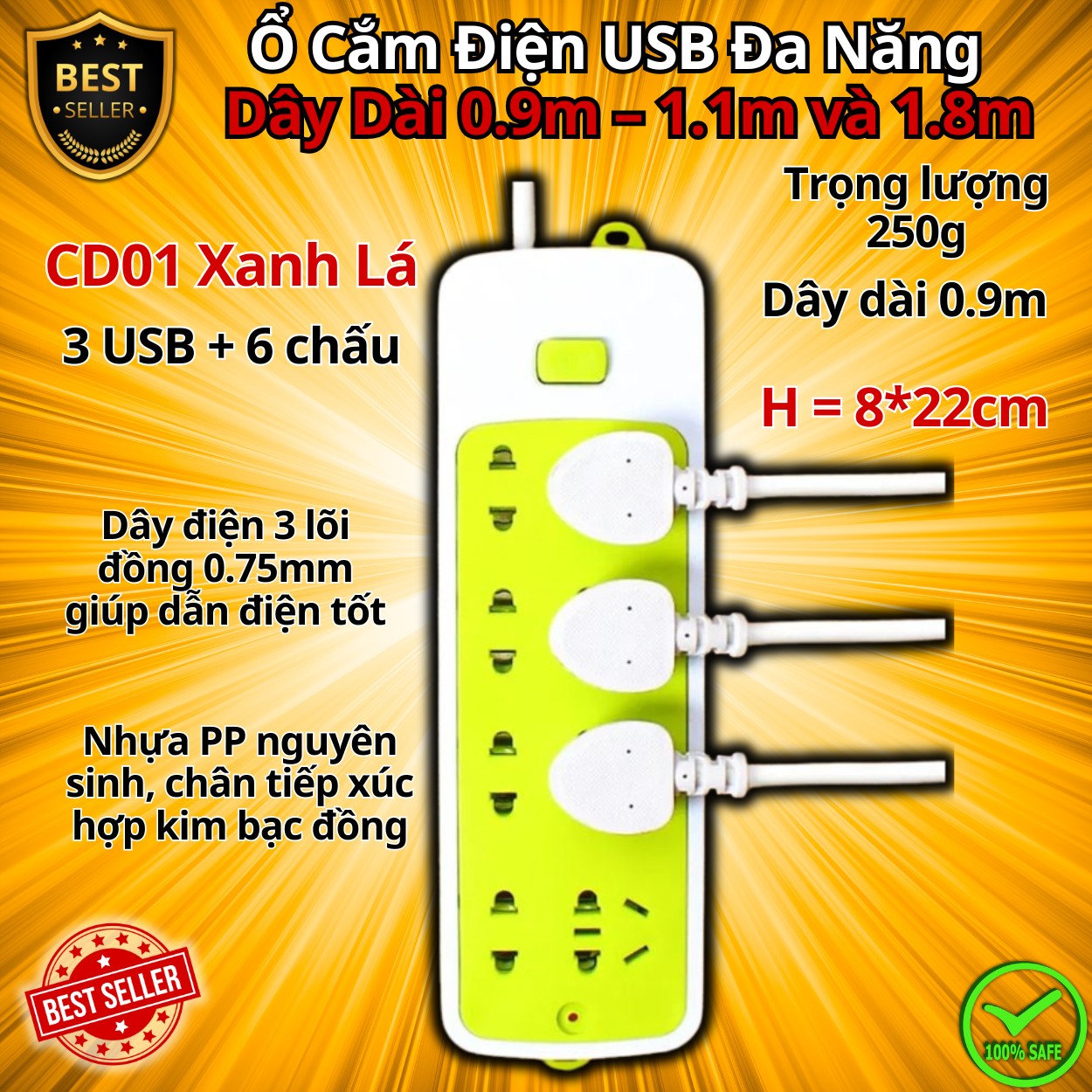 Ổ Cắm Điện USB Đa Năng Cao Cấp Chống Giật Dây Dài 0.9m – 1.1m và 1.8m, Ổ Cắm Điện Công Suất 2500W Có Chốt An Toàn, Nhiều Lựa Chọn, Nhựa Nguyên Sinh