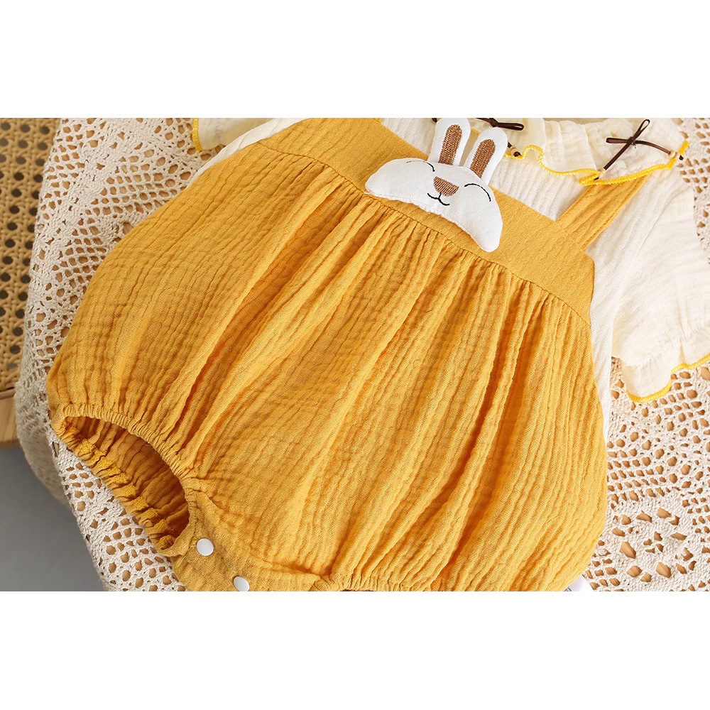 ĐẦM BODY TAY NGẮN CỔ TRÒN GIẢ YẾM THỎ 3D VÀNG CHO BÉ GÁI SƠ SINH 1 2 TUỔI TỪ 5-13KG DÀNH CHO BÉ GÁI