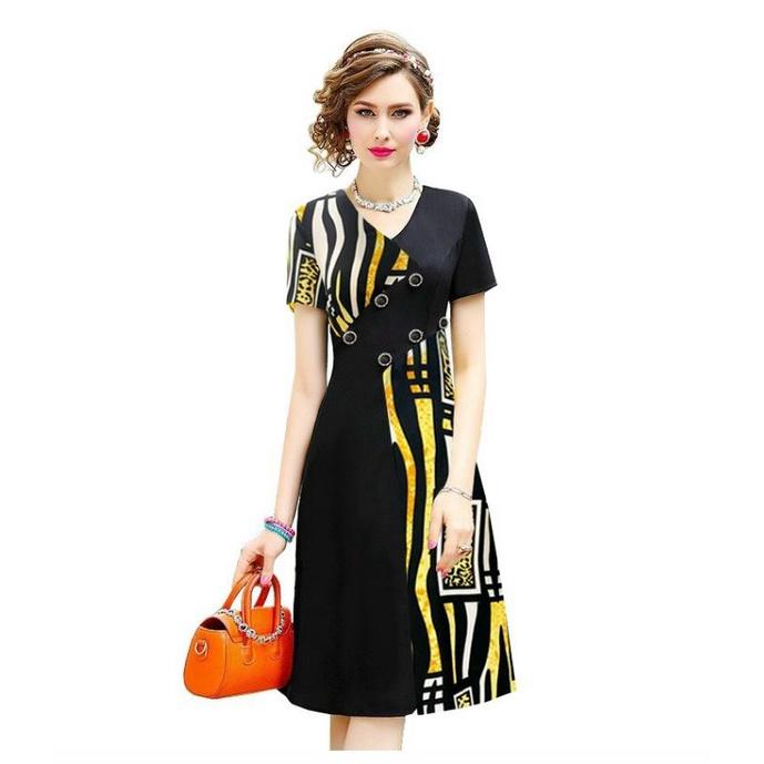 ĐẦM XOÈ ĐÍNH 6 NÚT PHỐI LỤA IN HOẠ TIẾT