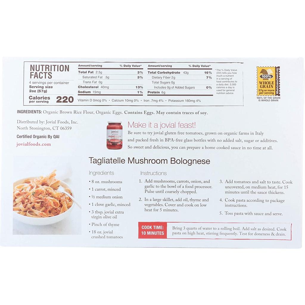 MÌ Ý SỢI DẸT ĂN KIÊNG KOSHER Jovial Egg Tagliatelle Pasta, Gluten-Free, Whole Grain Brown Rice, Lower Carb, 255g (9oz)