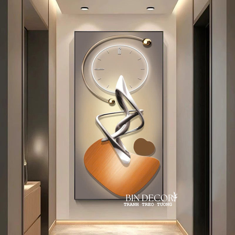 (ẢNH THẬT) Tranh treo tường đồng hồ cách điệu họa tiết màu cam bo viền kèm đinh treo