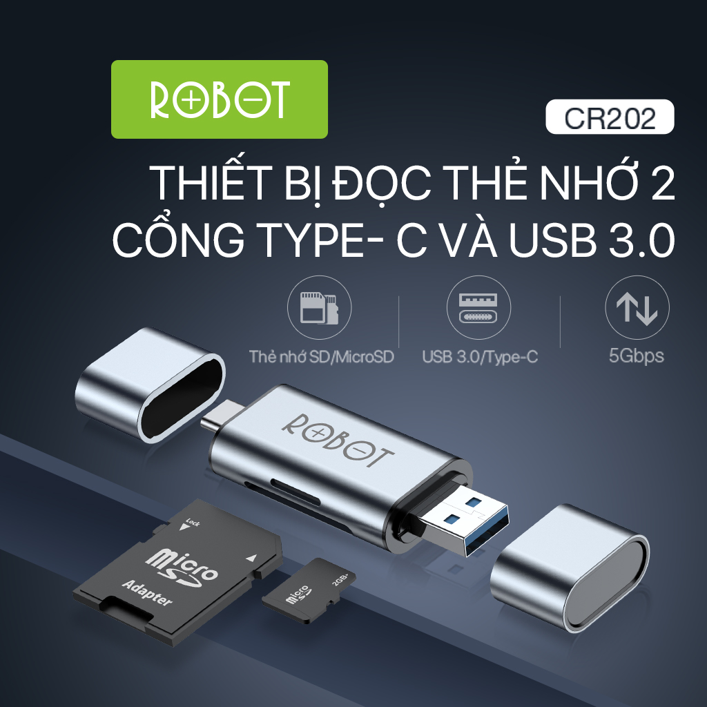 Thiết Bị Đọc Thẻ Nhớ ROBOT CR202 - 2 Đầu Type-C Và USB 3.0, Khe Cắm Thẻ Nhớ SD/Micro SD - Hàng Chính Hãng