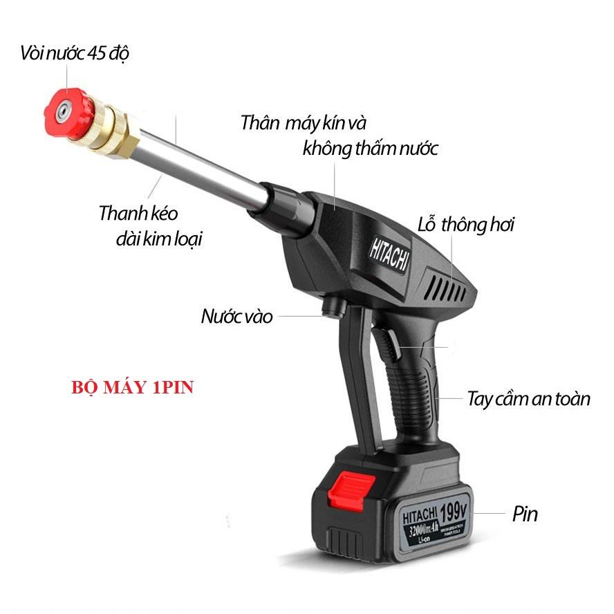 Máy rửa xe, vệ sinh, tưới hoa cầm tay dùng pin HITACHI 199V–Áp lực mạnh-Công suất 1400W