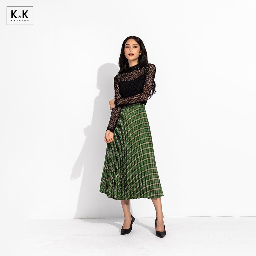 Chân váy midi xòe xếp ly họa tiết caro K&amp;K Fashion CV05-17 Chất Liệu Cotton Lụa Liberty