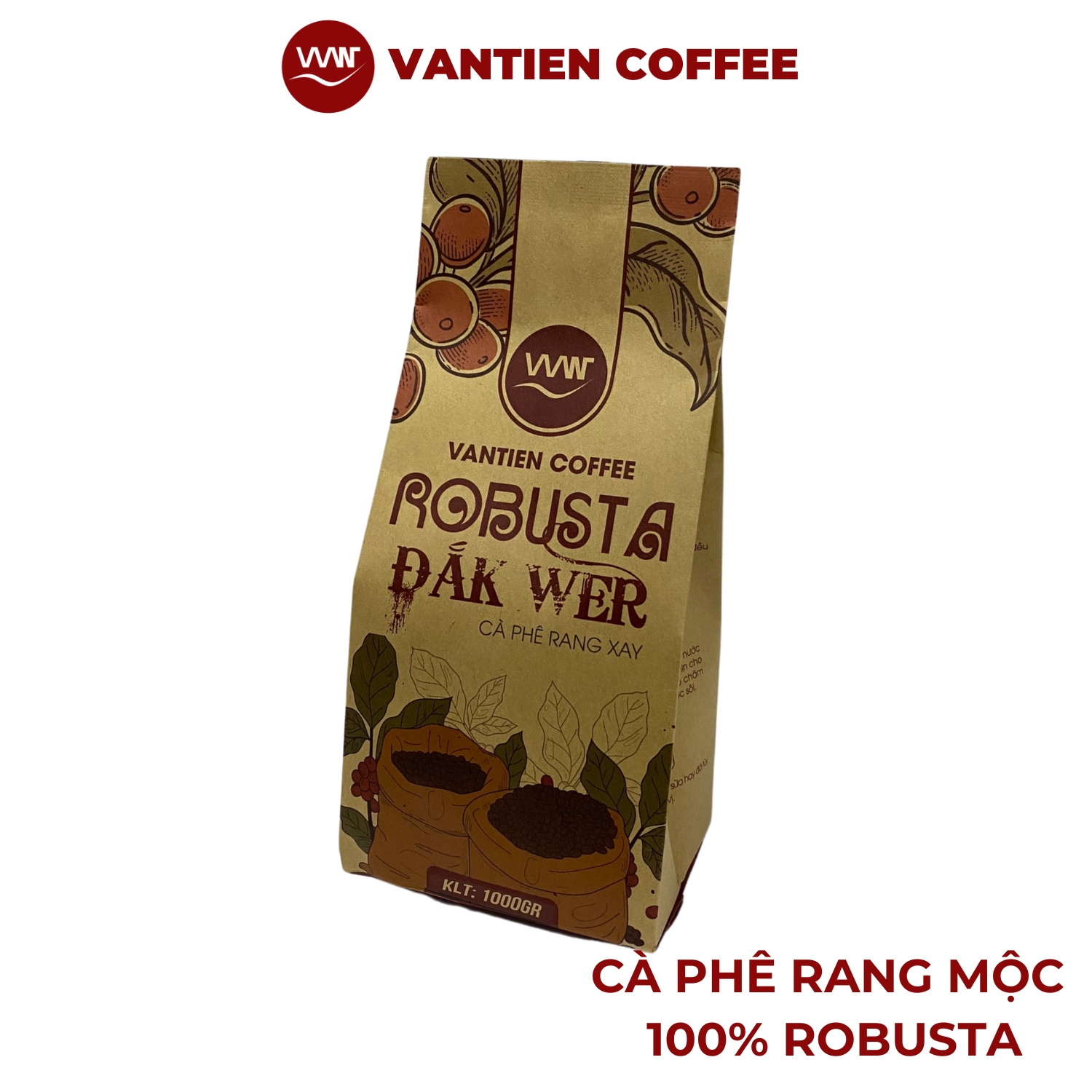 Thùng 8 túi Cà phê rang xay Robusta Đắk Wer Vantien Coffee 1kg/túi