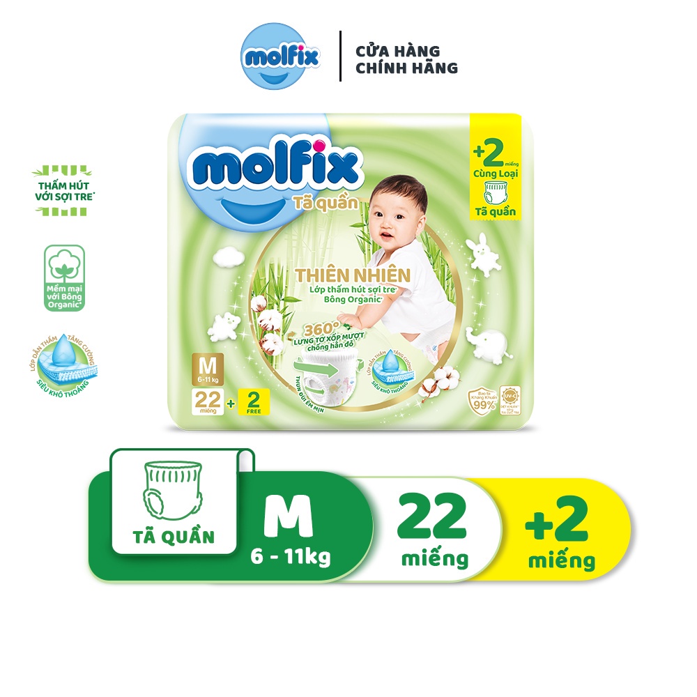 Tã/bỉm quần Molfix Thiên nhiên Regular M (6kg - 11kg) - Gói 22+2 miếng