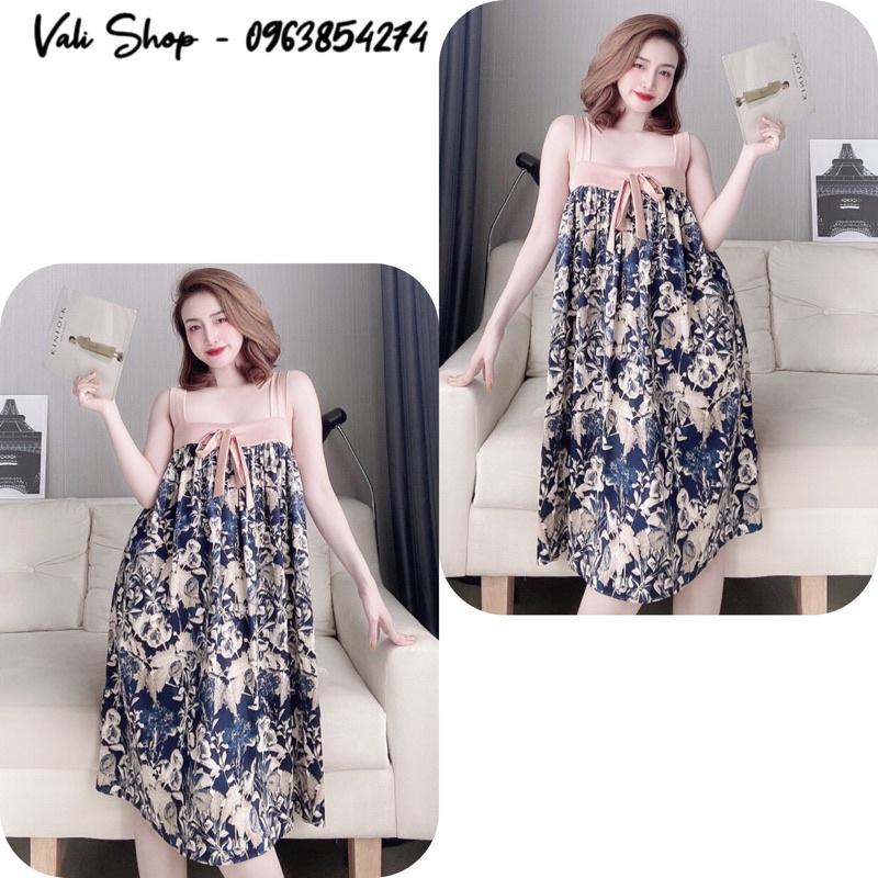 Váy ngủ lụa latin 2 dây xoè hoạ tiết freesize 42-60kg