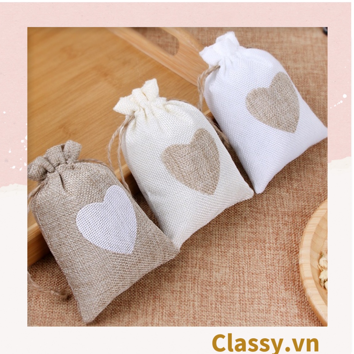 Túi dây rút bằng vải lanh kích thước 10x14CM mặt trước in trái tim T1355