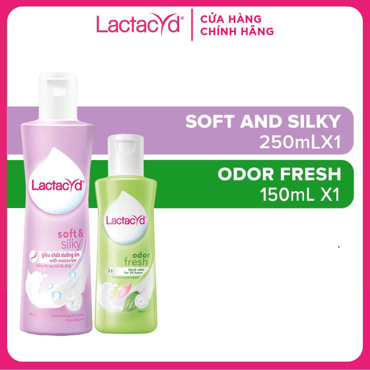 Bộ Dung Dịch Vệ Sinh Phụ Nữ Lactacyd Soft &amp; Silky Dưỡng Ẩm 250ml + Odor Fresh Ngăn Mùi 24H 150ml