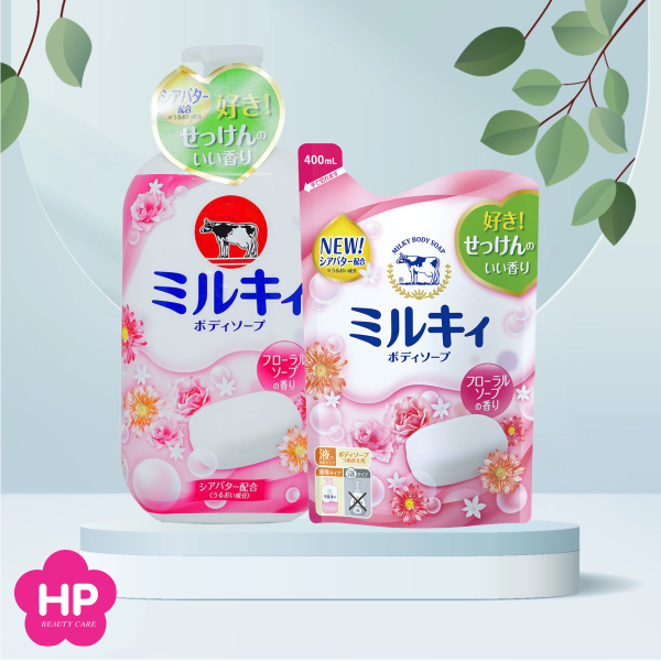 Sữa Tắm Dưỡng Trắng Mịn Da Hương Hoa Hồng Cow Milky Body Soap Floria Chiết Xuất Sữa Bò Tươi 550ml (Combo 550ml Và Set 24ml)