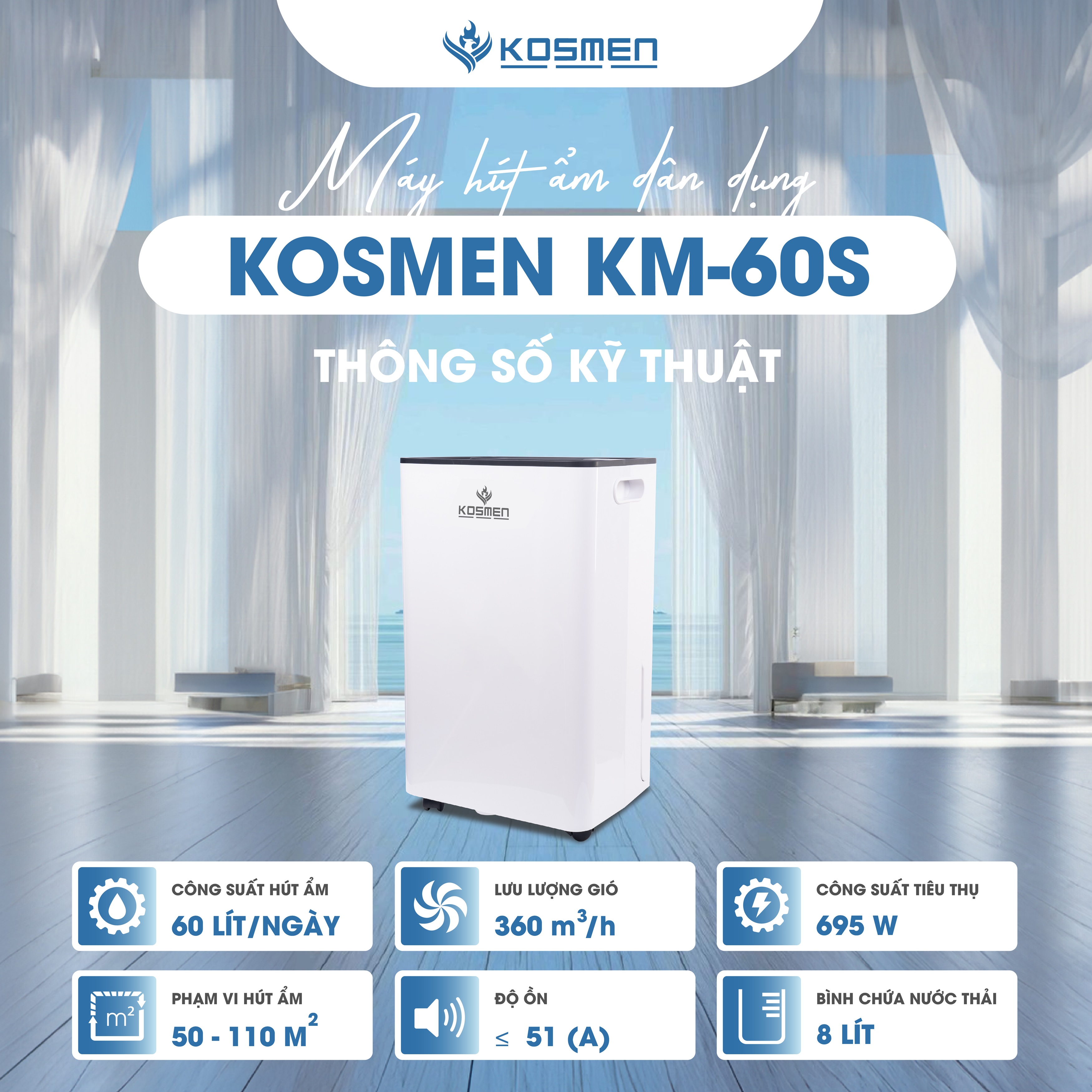 Máy Hút Ẩm Kosmen KM-60S Công Suất 60 lít/ngày, Công Nghệ Ion Âm - Hàng Chính Hãng