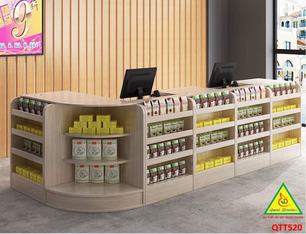 Quầy tính tiền, Bàn thu ngân cho cửa hàng tiện lợi, siêu thị mini, shop QTT520 - Nội thất lắp ráp Viễn Đông ADV