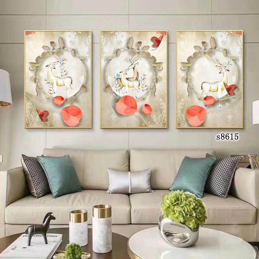 Tranh hươu tráng gương sang trọng giả sơn dầu - Tranh bộ 3 pha lê trang trí