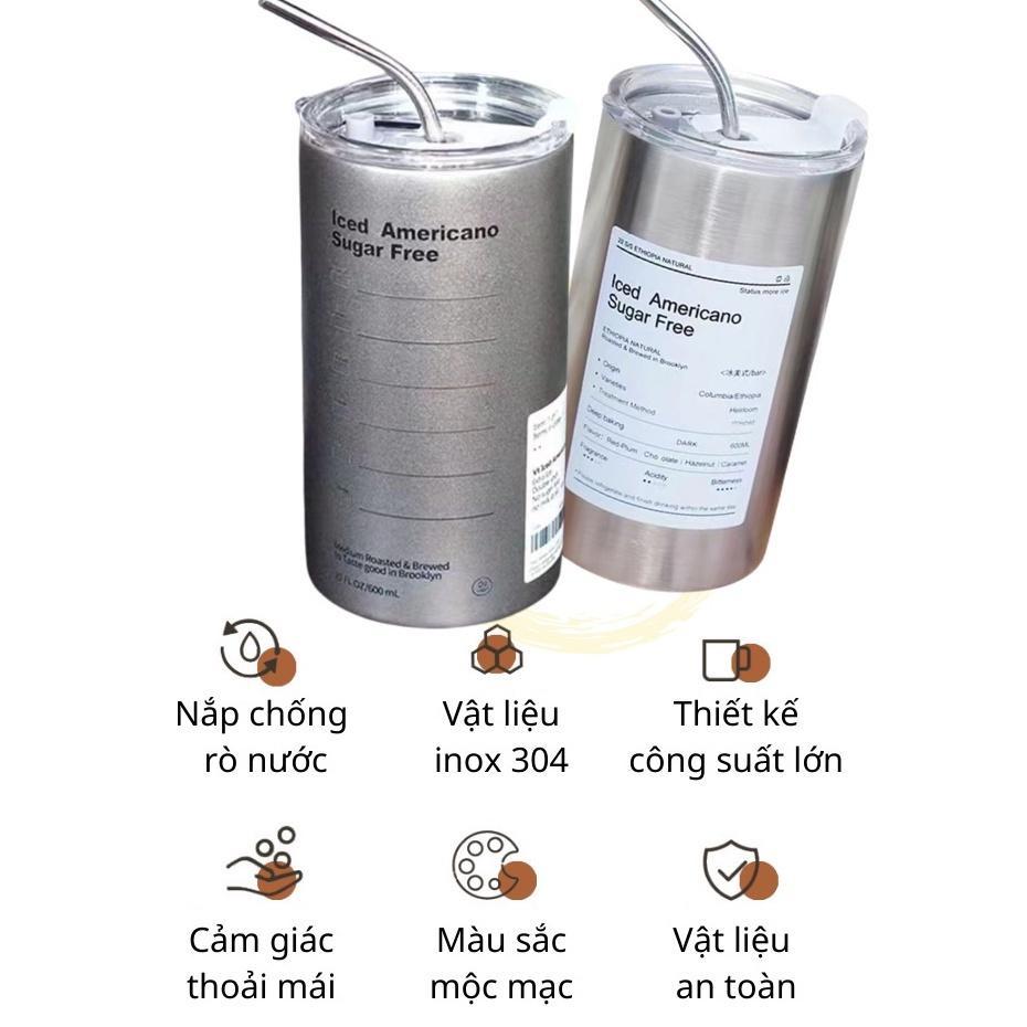 Cốc giữ nhiệt có ống hút chất liệu inox 304 cao cấp 2 màu trắng xám 600ML