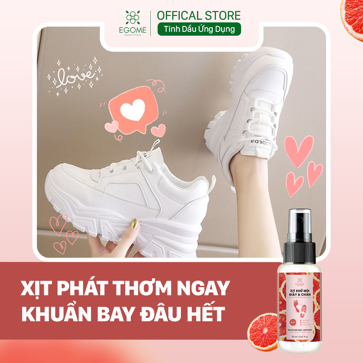 Xịt Khử Mùi Giày Và Chân Egome Tinh Dầu Bưởi Hồng làm sạch và thơm mát 20ml