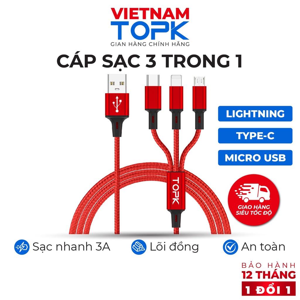 Dây sạc 3 đầu (iPhone, Type-C, Micro) dùng cho điện thoại TOPK AN20 Vỏ bện nylon dài 1.2m - Hàng chính hãng