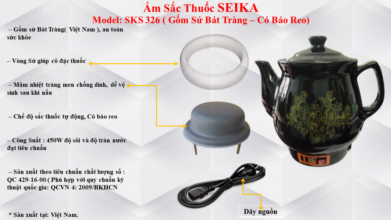 Ấm Sắc Thuốc Seika 3.2L - SKS326 (Gốm Sứ Bát Tràng) - Hàng chính hãng