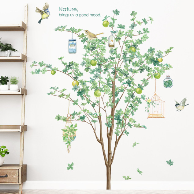 Decal trang trí tường - Cây ổi xanh và lồng chim