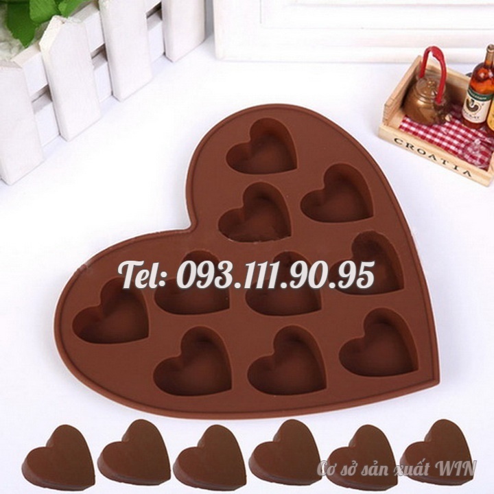 Khuôn silicon làm bánh, rau câu, socola 10 trái tim – Mã số 1083