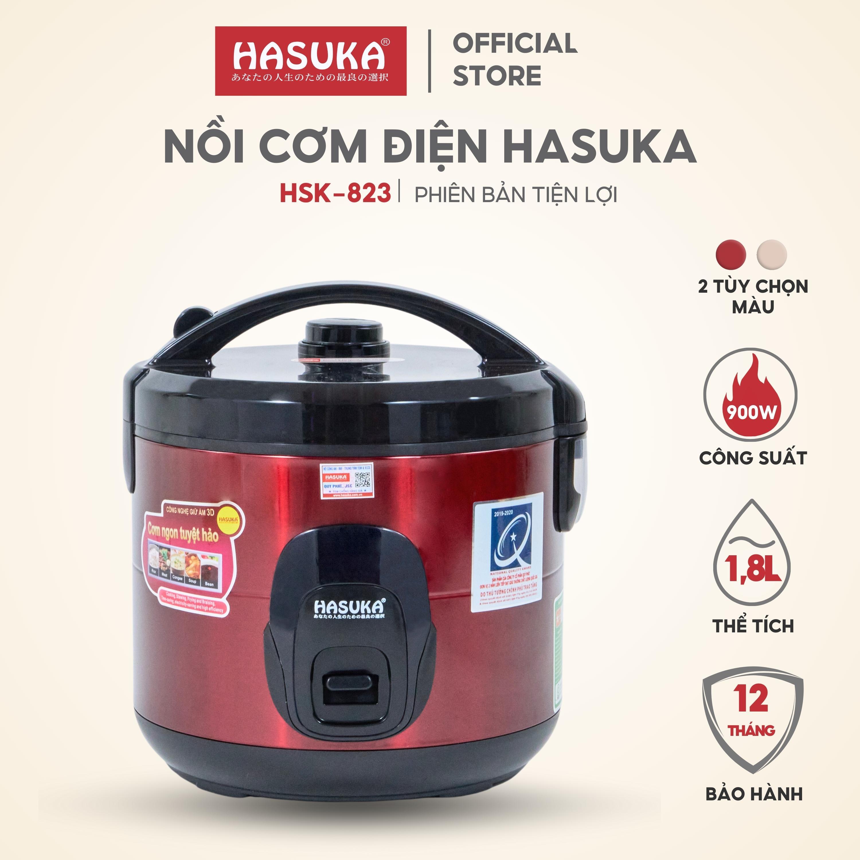 Nồi cơm điện HASUKA HSK 823 dung tích 1.8L, công suất 900W, lòng niêu dầy phủ chống dính ceramic, chống xước siêu bền - Hàng chính hãng