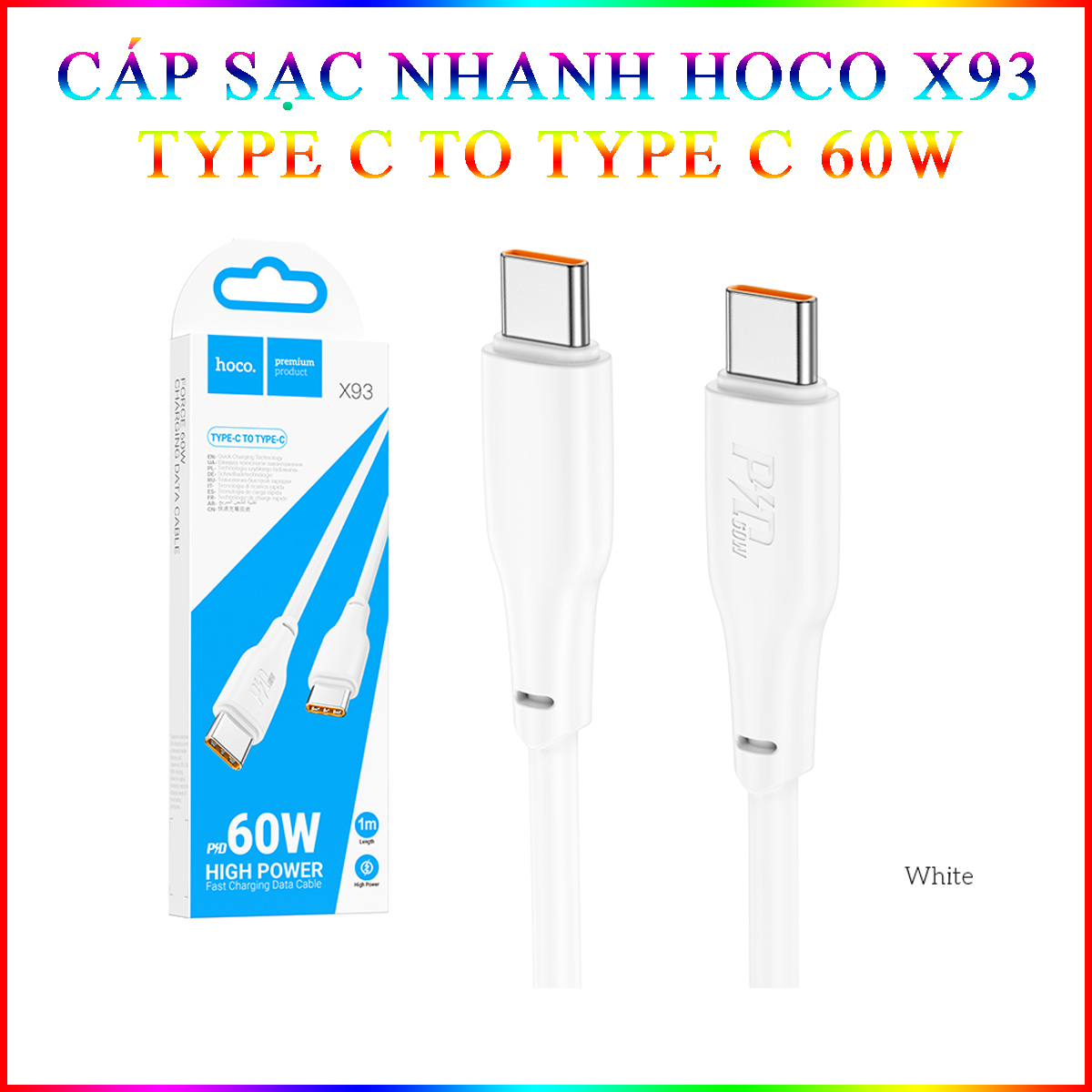 Cáp Sạc Nhanh Dành Cho Hoco X93 Force 60W Type-C Đến Type-C Dây Dài 2M Hàng Chính Hãng