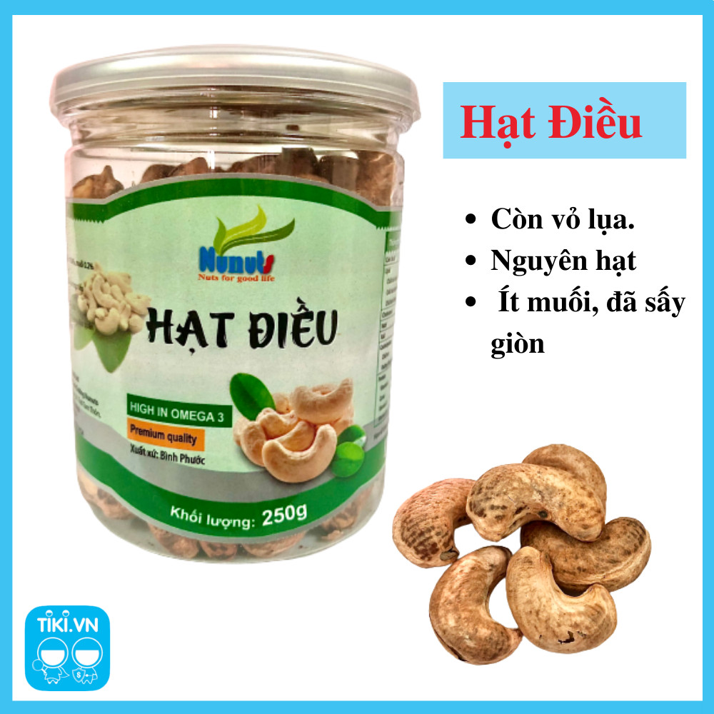 Hạt điều còn vỏ lụa Nunuts, loại nguyên hạt cao cấp, rang ít muối- hũ 250g