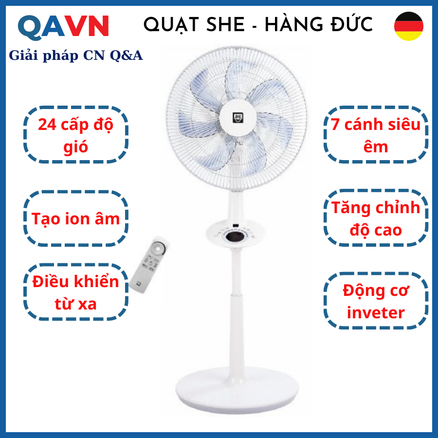 Quạt cây đứng SHE của Đức - 24 cấp độ gió, siêu êm, aion , điều khiển từ xa - Hàng chính hãng Đức