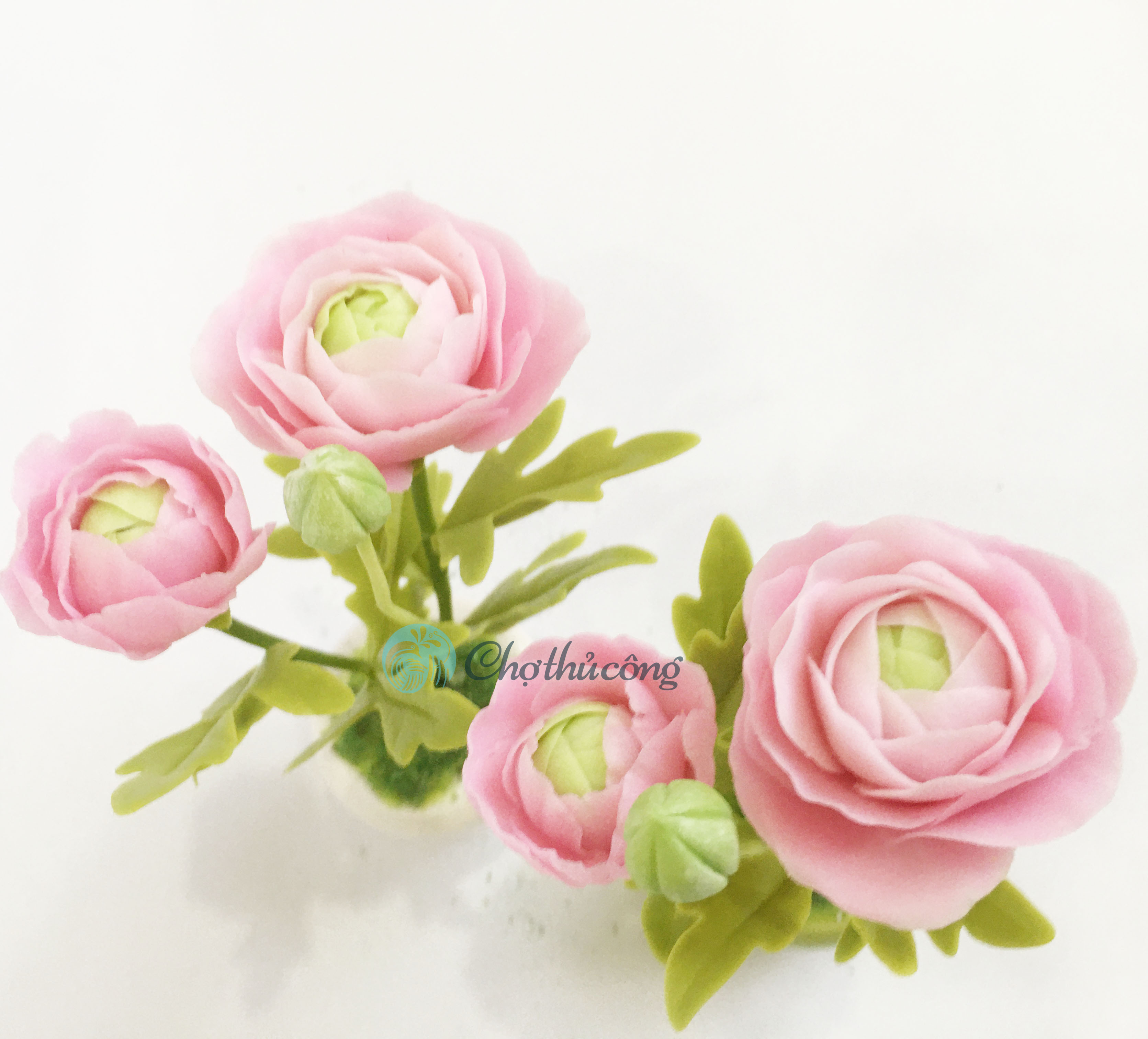 Chậu hoa đất sét mini - Cây hoa mao lương / Ranunculus - Quà tặng trang trí handmade