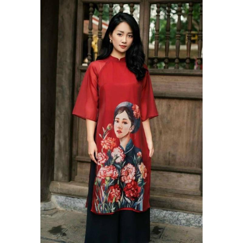 Áo dài đỏ vải t..ơ organza in họa tiết Tết xinh xắn
