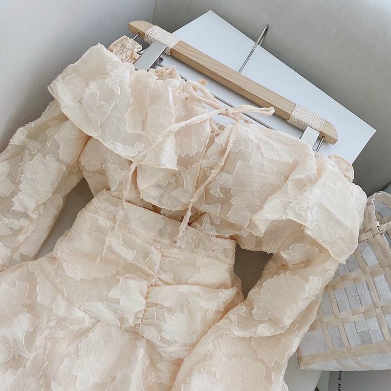Sét Áo Nude Hoa Nổi Bẹt Vai Mix Chân Váy Siêu Xinh