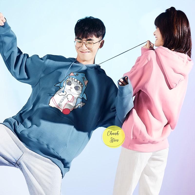 Áo Hoodie Unisex Dáng Rộng Mèo Cá Mập