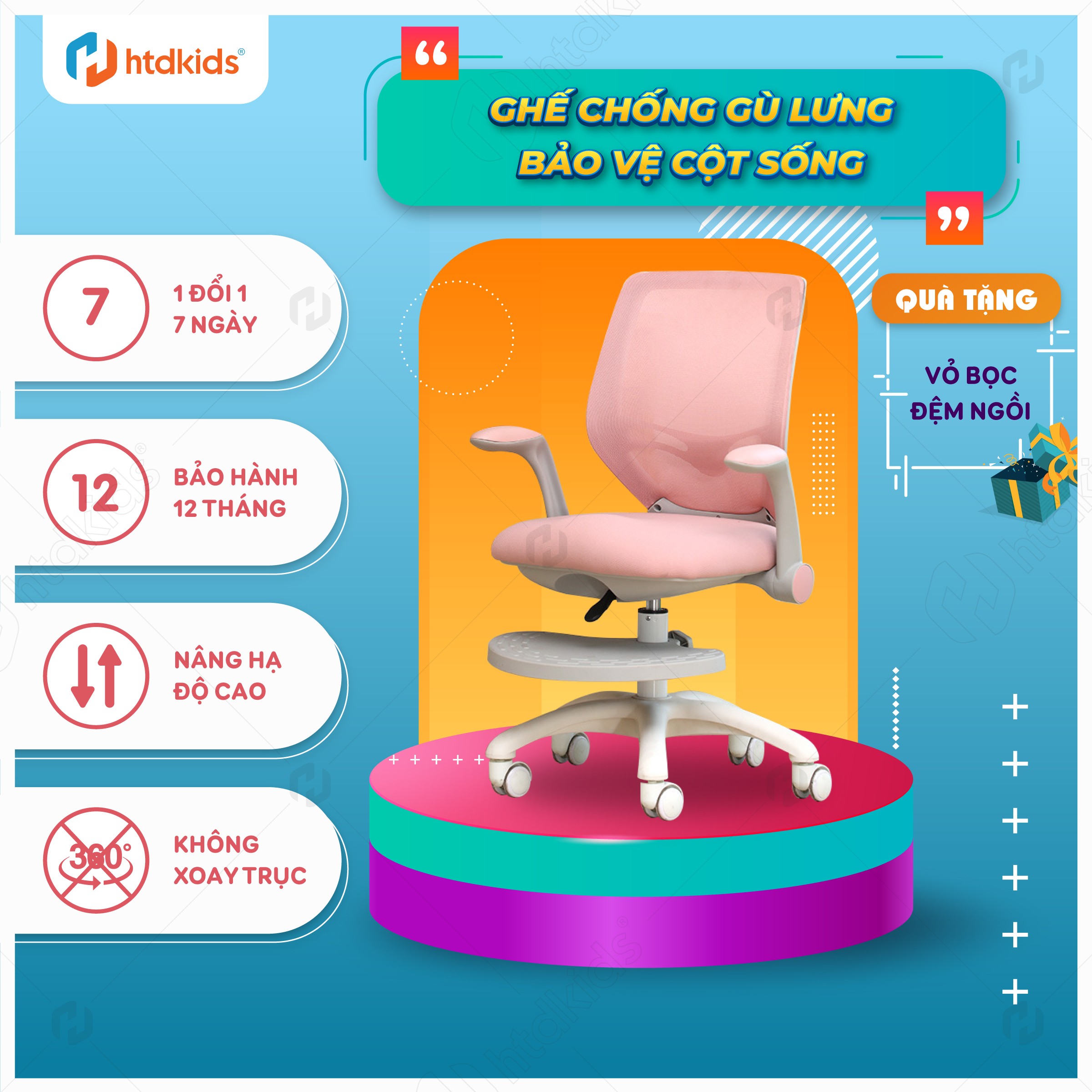 Ghế học sinh chống gù cho trẻ em tiểu học từ 5 - 18 tuổi tăng giảm chiều cao giúp trẻ có tư thế ngồi chuẩn khoa học chống cong vẹo cột sống HTDkids CM081