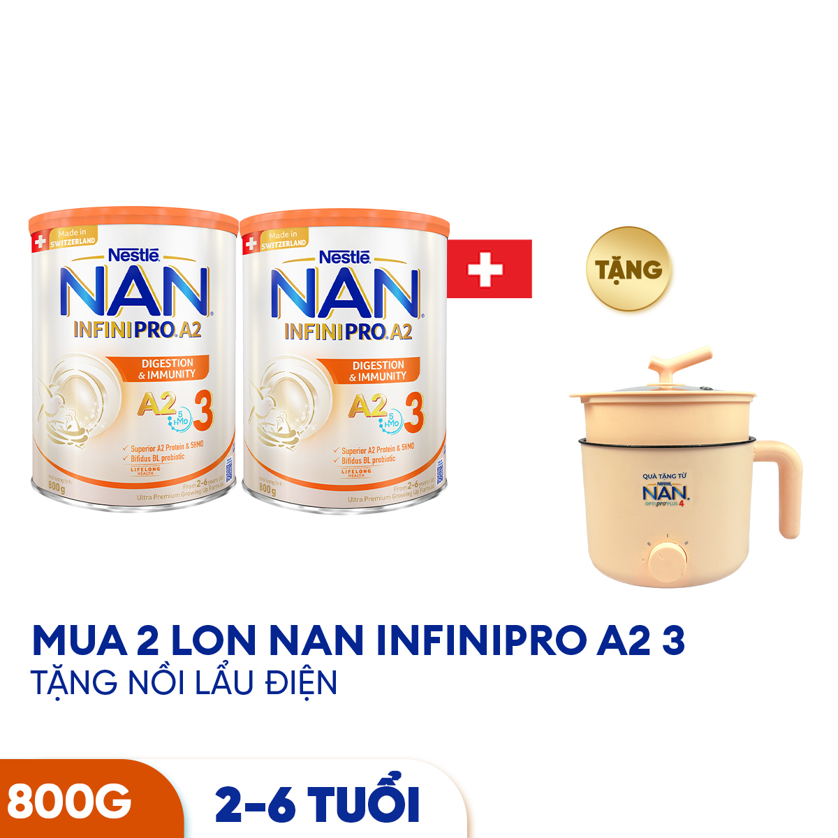 Bộ 2 Lon Sữa bột NAN  INFINIPRO A2 800g Thụy Sĩ 3 với đạm quý A2 tiêu hóa tốt sau 7 ngày và 5HMO tăng cường đề kháng (2 - 6 tuổi)