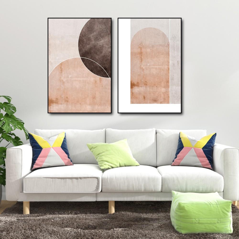 Tranh treo tường canvas trừu tượng vintage decor trang trí phòng khách và phòng ngủ có khung cao cấp hình tròn tặng đinh