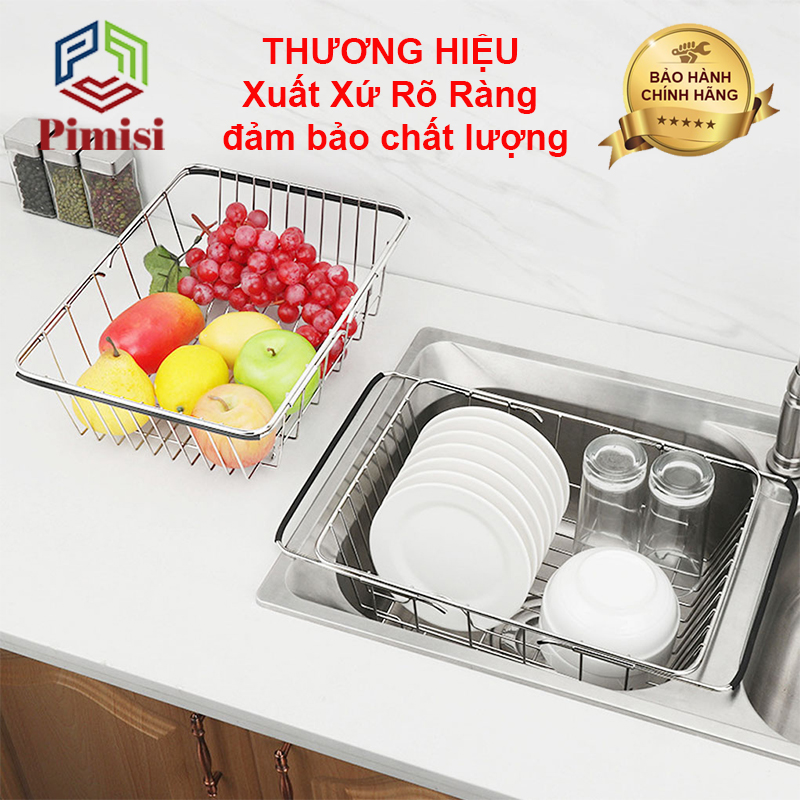 Rổ Inox 304 Chữ Nhật Gác Bồn Rửa Chén Pimisi Úp Bát Đĩa - Rau Củ Quả Với Thiết Kế Thông Minh Điều Chỉnh Độ Dài Co Giãn Chiều Dài Khay, Tay Nắm Kéo Từ Thép Không Gỉ SUS 304 - Với 4 Góc Vuông Bo Tròn Phù Hợp Với Mọi Chậu Rửa Bát | Hàng Chính Hãng