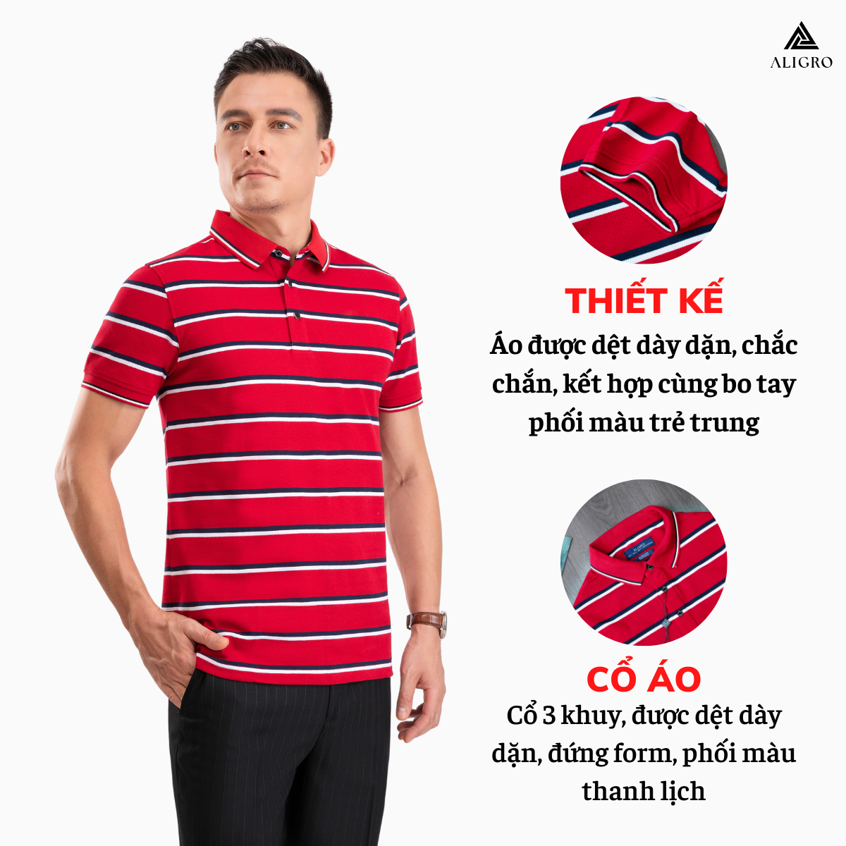 Áo Polo nam ngắn tay kẻ ngang đỏ-navy-trắng ALGPLO96