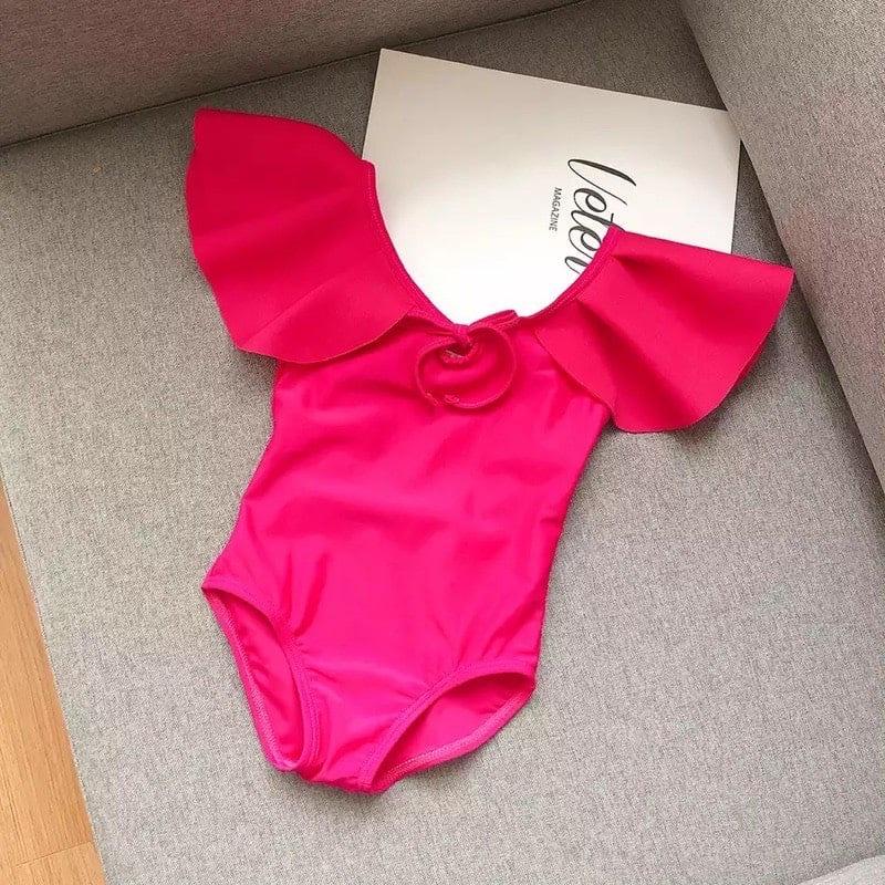 Đồ bơi trẻ em dành cho bé gái Bikini liền thân bèo cổ hoa hồng hở lưng cột nơ