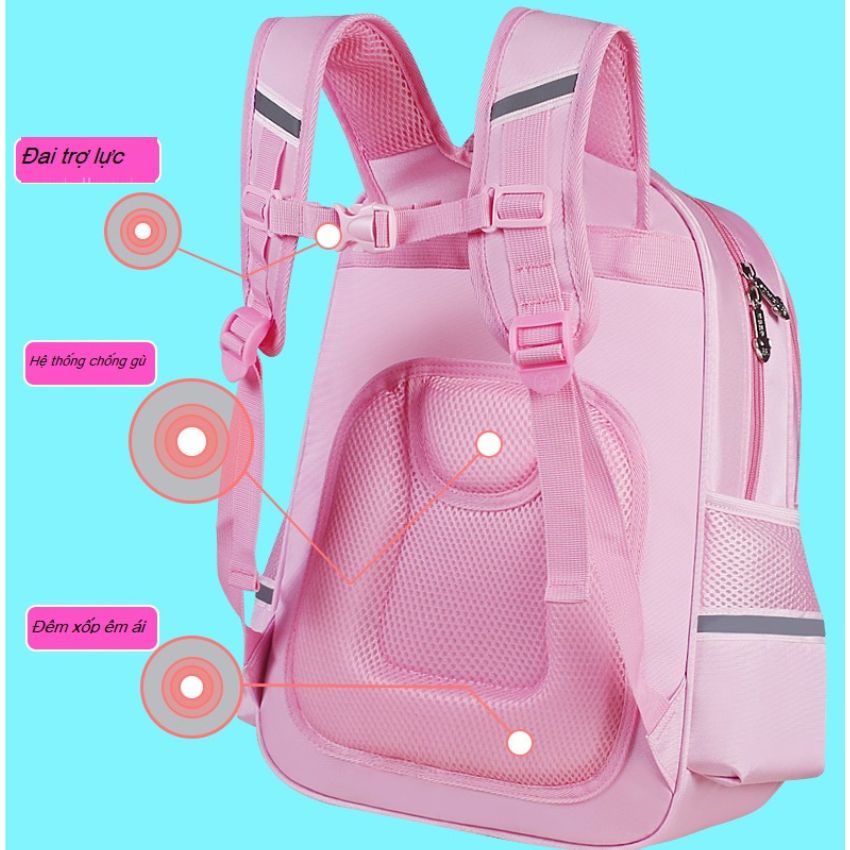 Cặp balo học sinh nữ đi học cấp 1 chống gù chống thấm nước cao cấp size 40cm -Tặng kèm móc khóa Kỳ Lân và hộp bút BLHS14