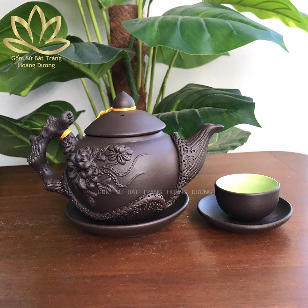 Bộ ấm chén Tử sa Bát Tràng Hoa Phù Dung đen 400ml