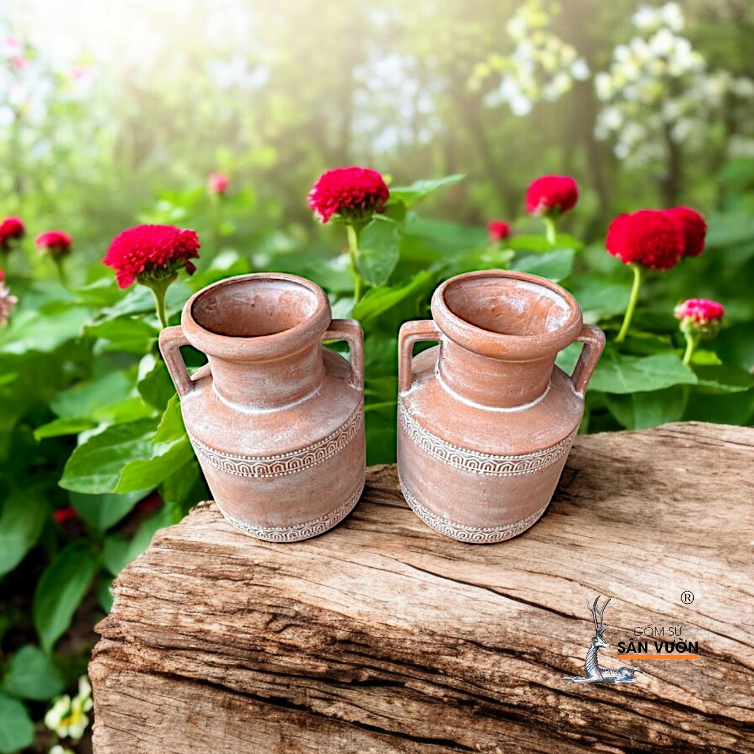 Bình Gốm Hai Quai Hoa Văn Thổ Cẩm R10xH6cm