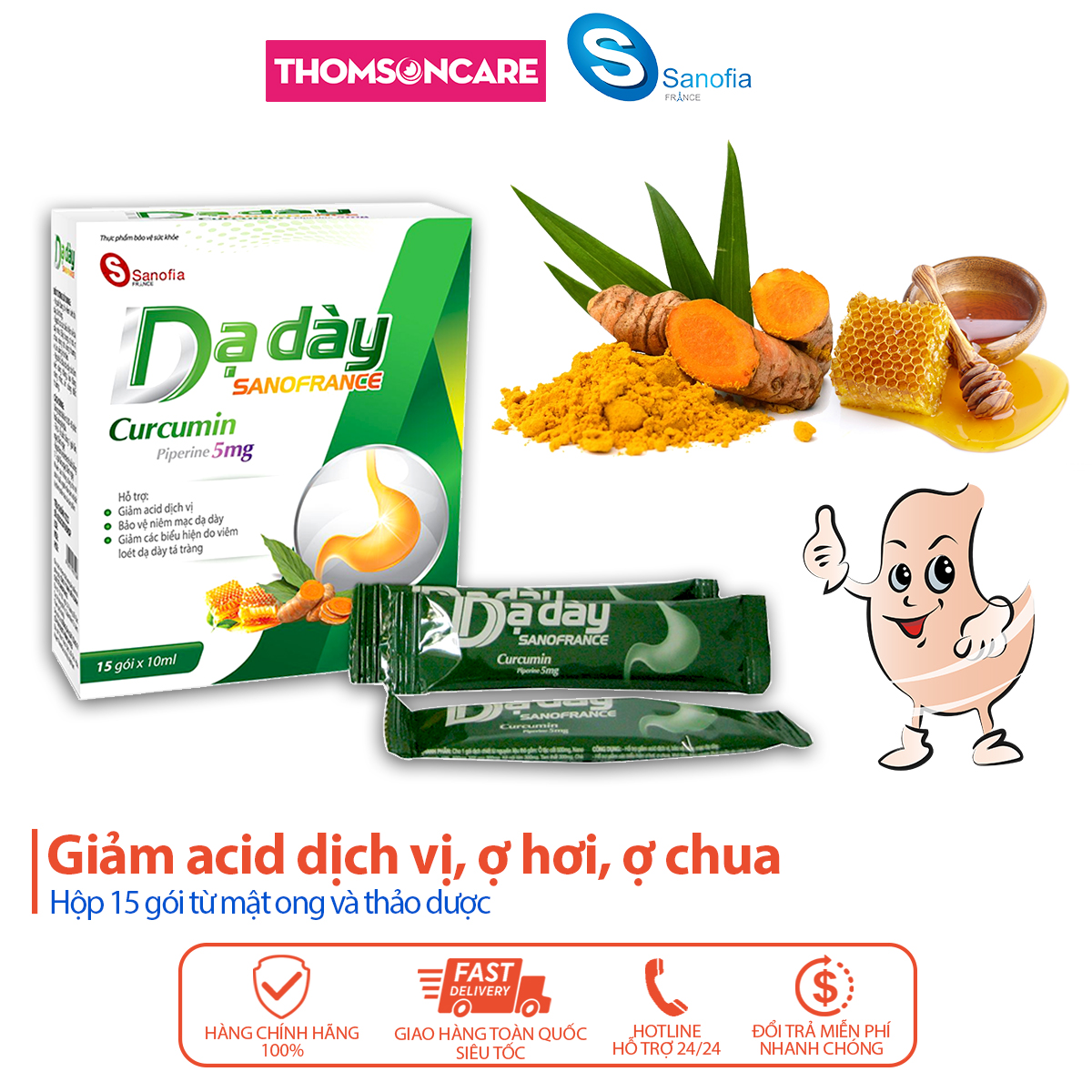 Dạ dày Sanofrance Curcumin Sanofia - Hỗ trợ giảm acid dịch vị, ợ chua, trào ngược dạ dày từ thảo dược - Hộp 15 gói Thomsoncare