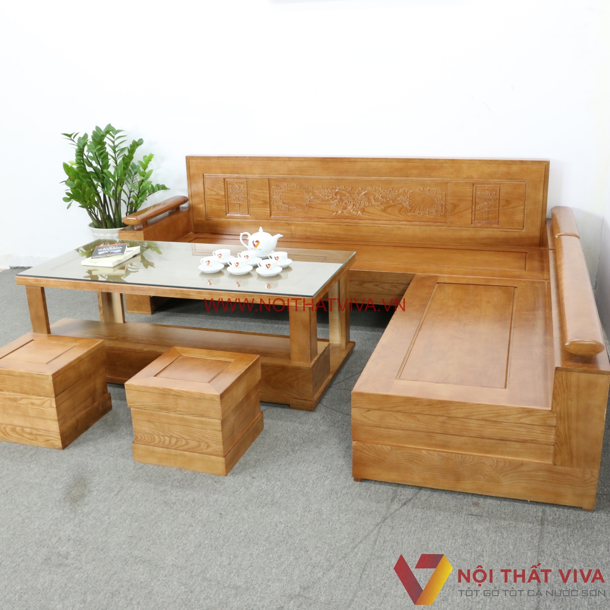 Bộ Sofa Góc Gỗ Sồi Nga Chạm Hoa Văn 5 Món Hiện Đại Bền Đẹp Giá Rẻ