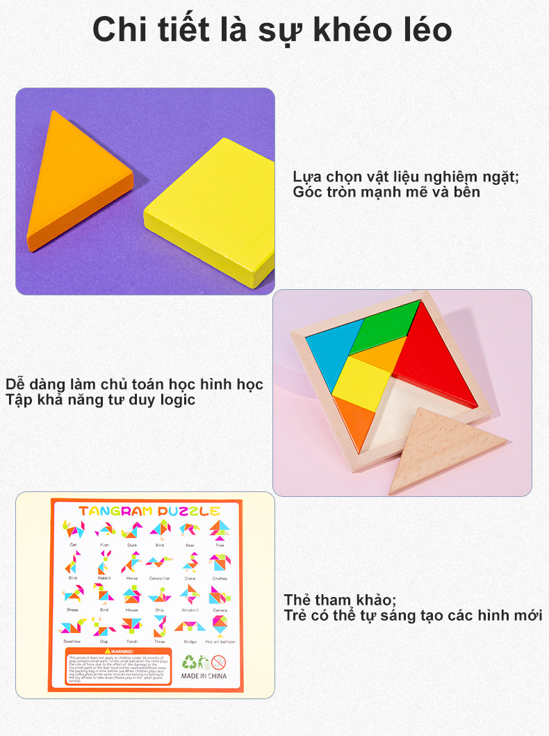 Đồ chơi tangram bằng gỗ xếp hình sáng tạo dành cho trẻ, bộ đồ chơi phát triển trí thông minh và trí tuệ