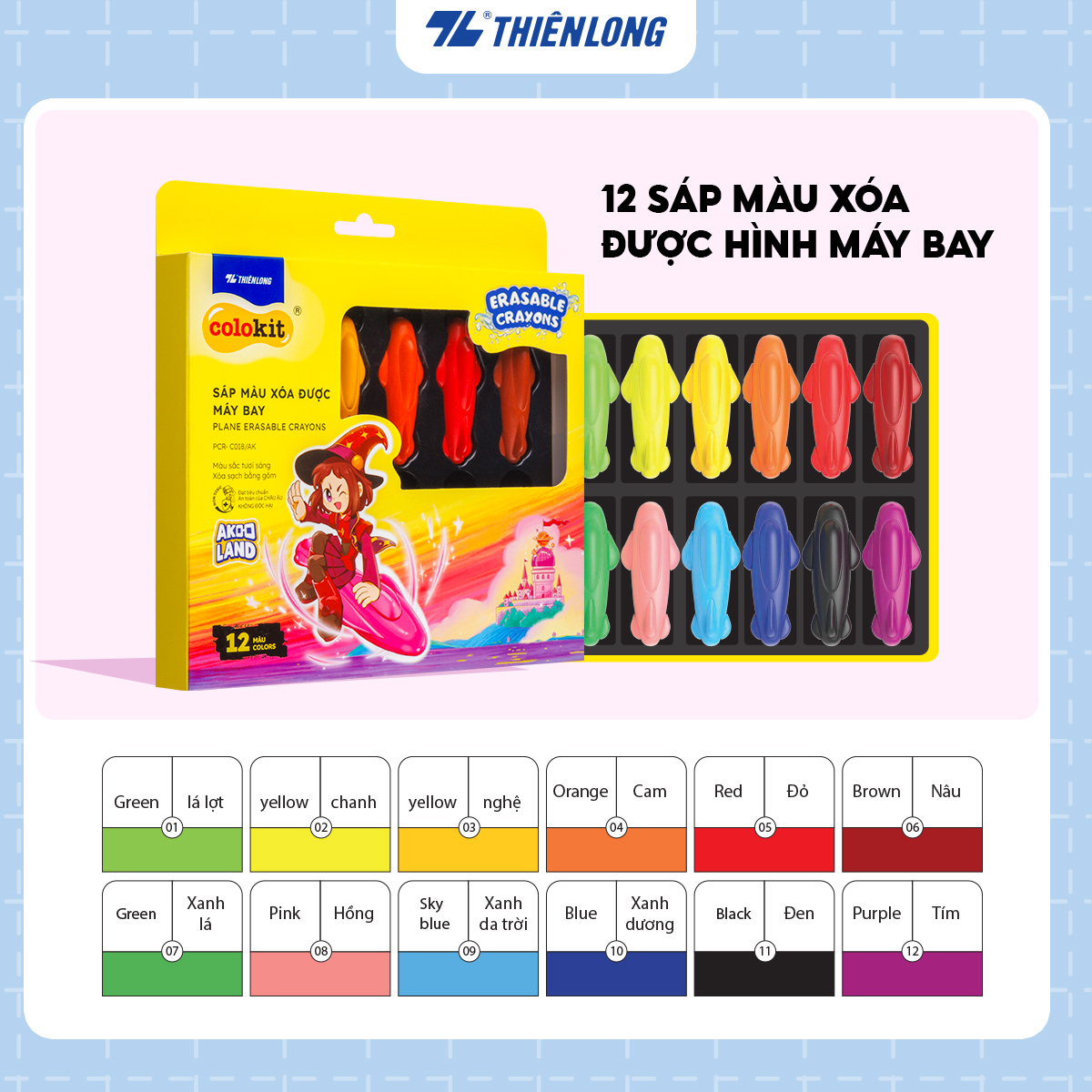 Sáp nhựa 12 màu xóa được - Erasable Crayons Thiên Long Colokit - Nhân vật Futy Akooland thế giới học cụ thần kỳ