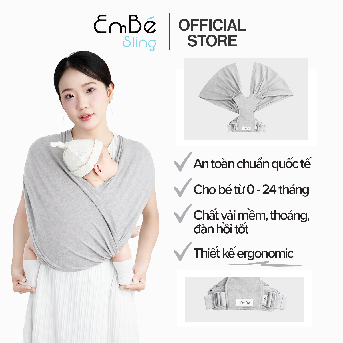 [Thiết Kế Mới - Màu Grey] Địu Vải Em Bé Sling Baby Sling NovaSoft/NovaSoft Plus Dễ Địu Êm Vai An Toàn Cho Bé 0–24 Tháng